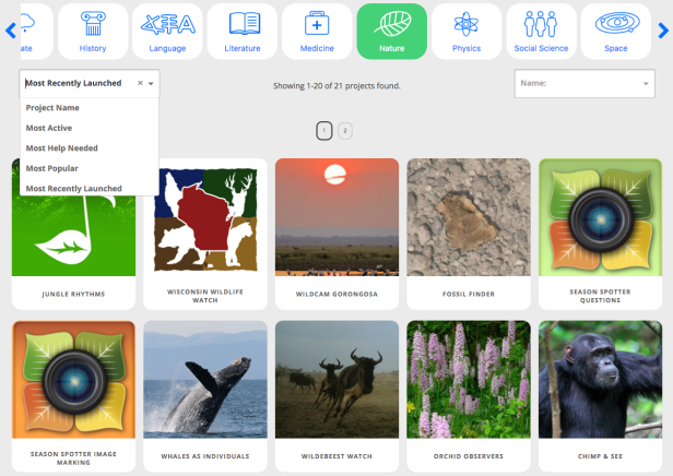 Screenshot of New Zooniverse Projects Page