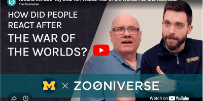 YouTube thumbnail for a Dear Mr Welles Zooniverse project interview. Text "How did people react after the War of the Worlds?"